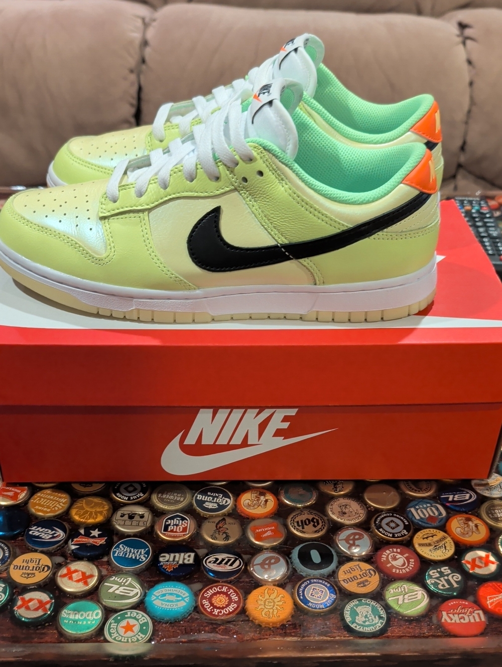 Nike DUNK Low Top Sneakers in Volt( Neon Green), Black & Orange Accents